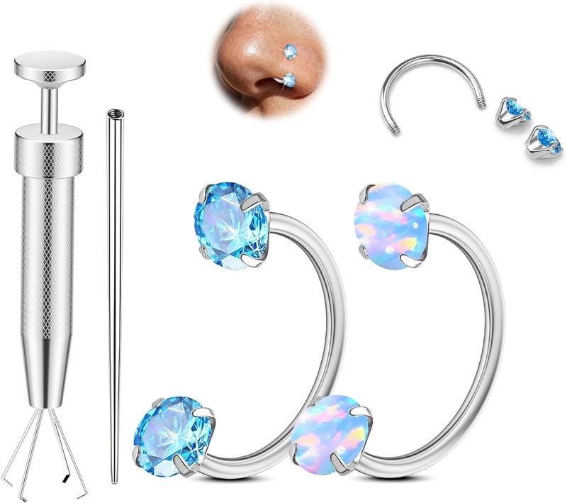 AMASIS Opal Nose Ring Studs Horseshoe Nose Rings Hoops Stud 316L Stainless Steel Nose Rings Round CZ Square Screw L Shaped Nose Stud Hypoallergenic Nostril Piercing Jewelry for Women Men - Image 1